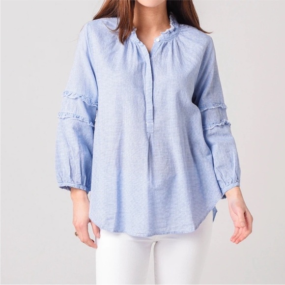 Dylan Blue Malibu Fray Ruffled Linen Tunic Light Blue Boho - Picture 1 of 15